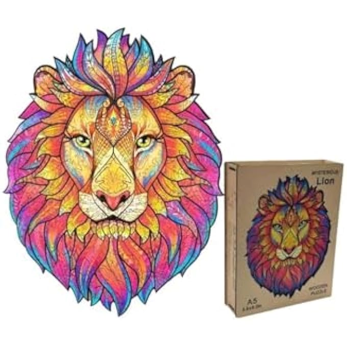 WOODEN JIGSAW PUZZLES, 3D WOODEN ANIMALS SHAPED PUZZLES, BEST GIFT FOR ADULTS AND KIDS DIY PUZZLE PIECE, COLORFUL UNIQUE SHAPED LION PUZZLES A5-5.8 X 8.2 IN (LION 1) - Image 1
